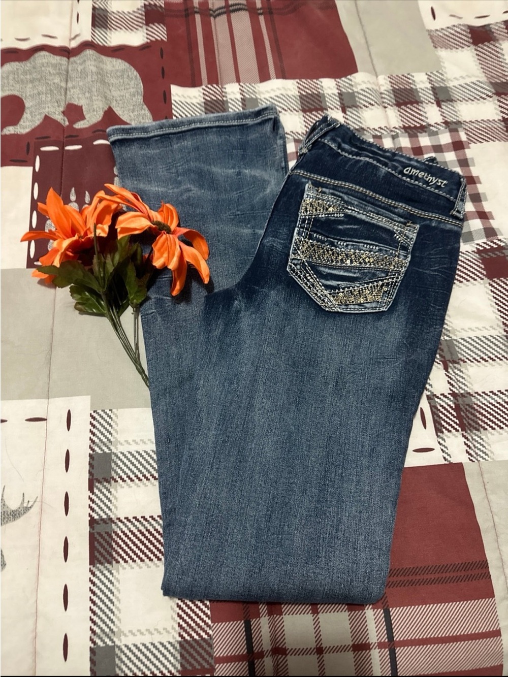 Amethyst Jeans Dark Blue Flare Jeans with Embellished Back Pockets